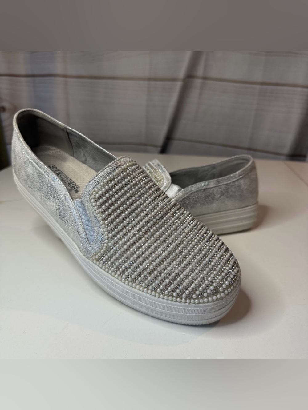 Skechers Silver Slip-On Pearl & Rhinestone Platform Slip-Ons
